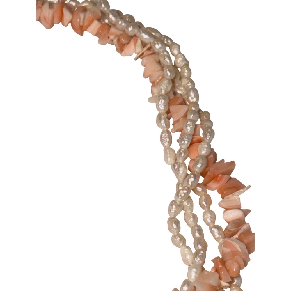 Vtg Pink Coral Freshwater Keshi Pearls Necklace 14K Gold Clasp Multi Strand Lux - Picture 5 of 8